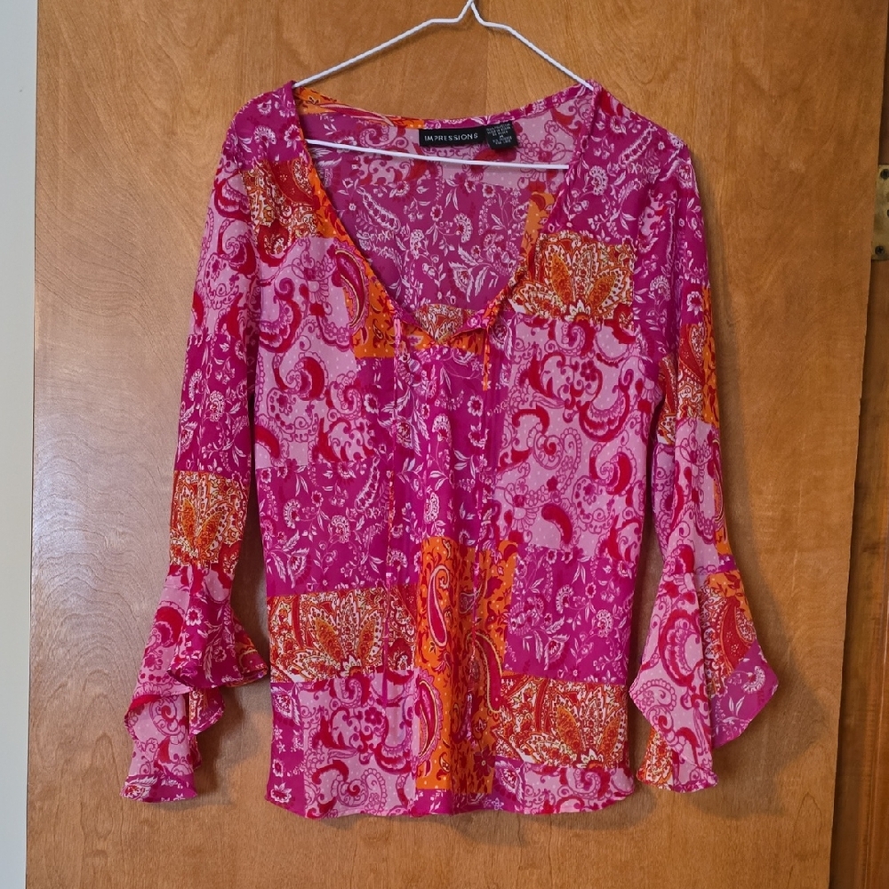 New York & Company Pink and Orange Paisley Blouse